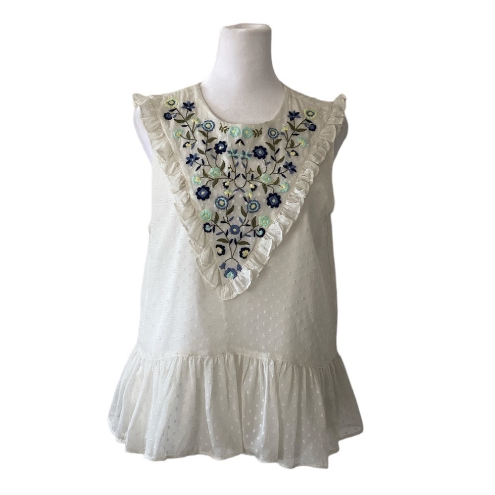 Blue Rain medium sleeveless blouse white floral ruffles feminine
